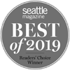 "Seattle Magazine Best of 2019 Readers' Choice Winner" badge in gray and white colors.