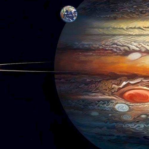 An artistic depiction of Jupiter's swirling atmosphere with Earth in the background, showcasing their size comparison in space.