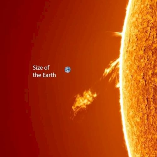 This image shows a portion of the Sun with a label indicating the size of the Earth for comparison.