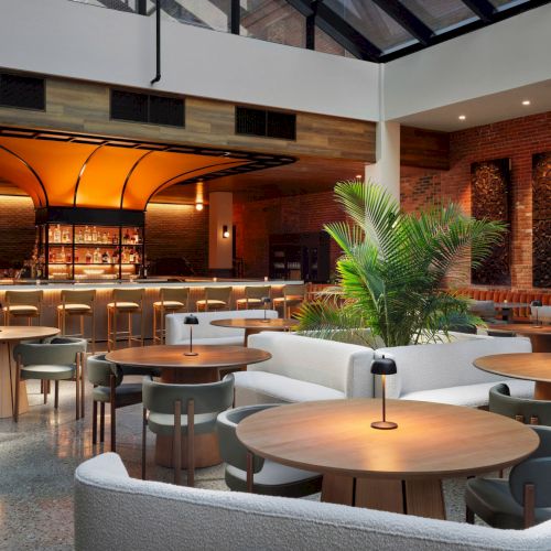 The image shows a modern restaurant interior with wooden tables, chairs, a bar area, and lush plants, creating a cozy and inviting atmosphere.