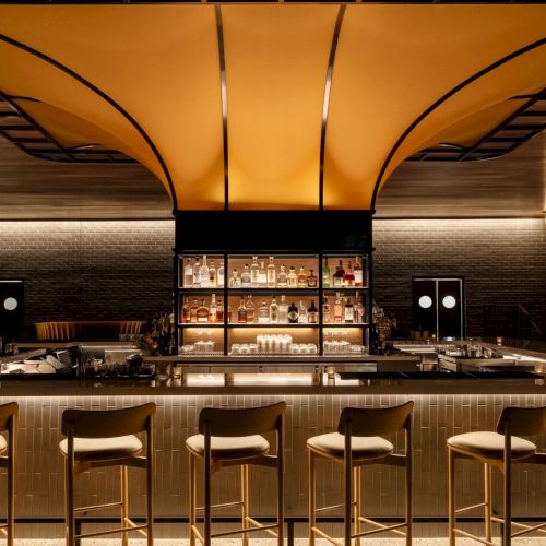 A stylish, dimly-lit bar with a curved ceiling design, row of stools, and shelves stocked with bottles, creating an inviting atmosphere.